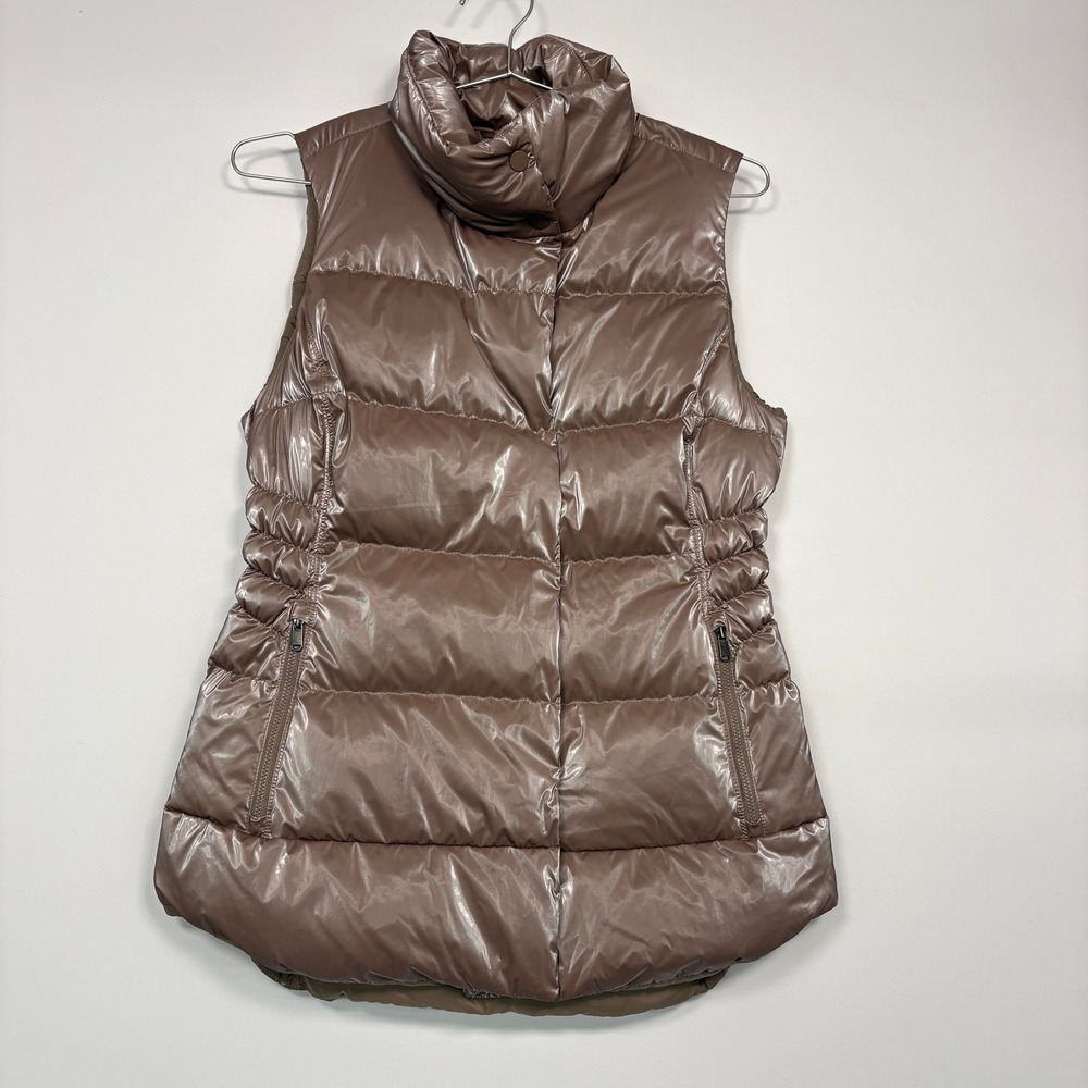 Athleta Womens Puffer Vest S/T Brown Down Quilted Funnel Neck Shiny Metallic
